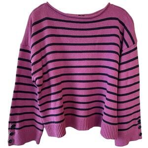 Womens Petite XL Pink Navy Stripe Cotton Rollneck Sweater Nautical Button Detail